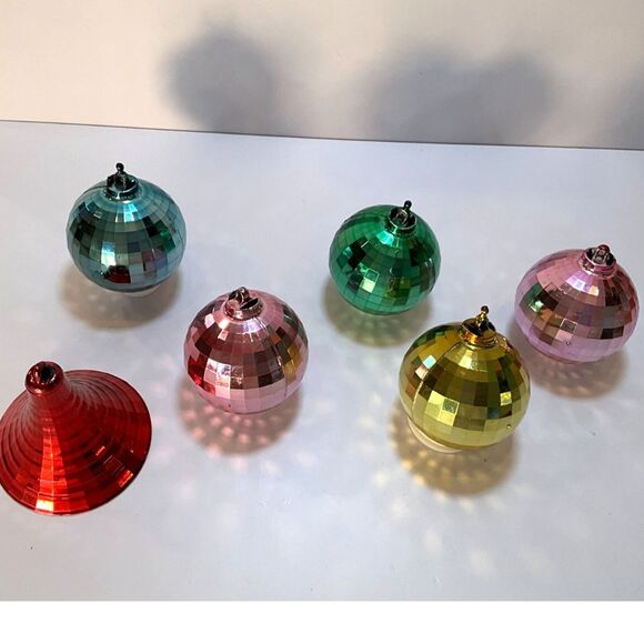 The best!  6 plastic MCM disco ball Christmas ornaments;  5 balls; 1 bell. - Picture 1 of 4
